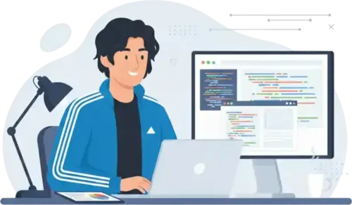 Ilustrasi web developer dengan jaket dan monitor eksternal.